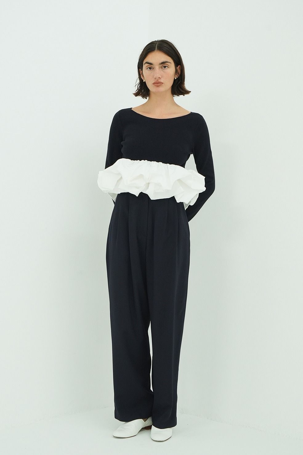 バルーンニットトップス - W BALLOON SHORT KNIT TOPS (NAVY)