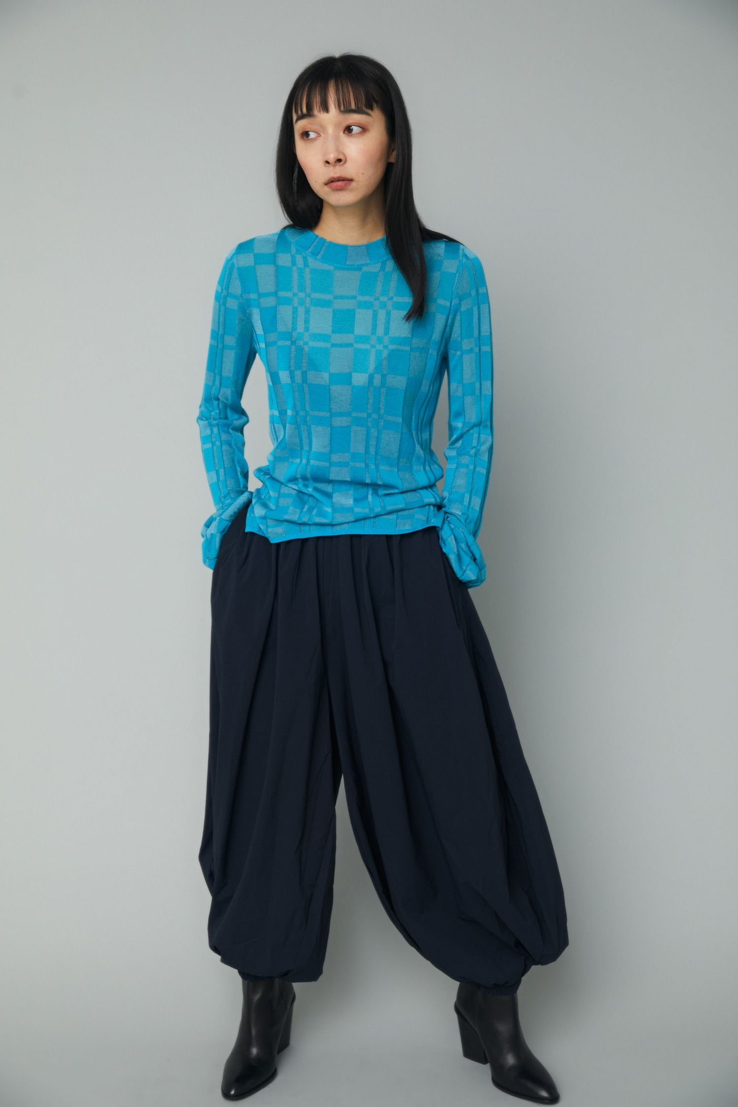 チェック ニット トップス - Check knit tops - BLUE
