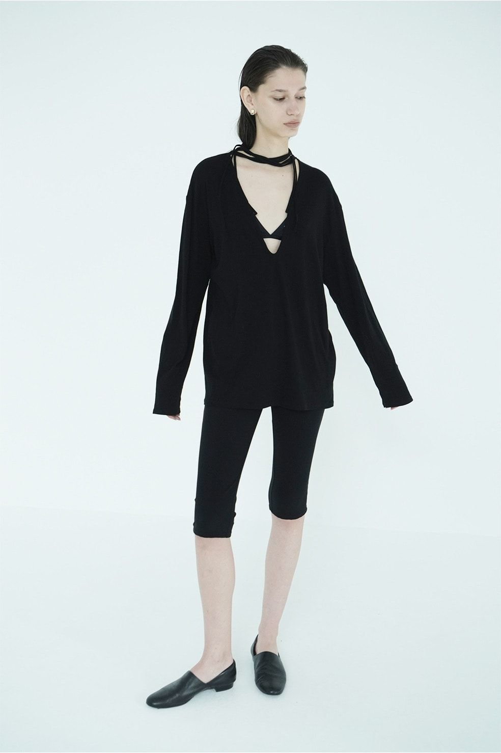 デザインリボンカットトップス - DRAWSTRING LOOSE CUT TOPS (BLACK)