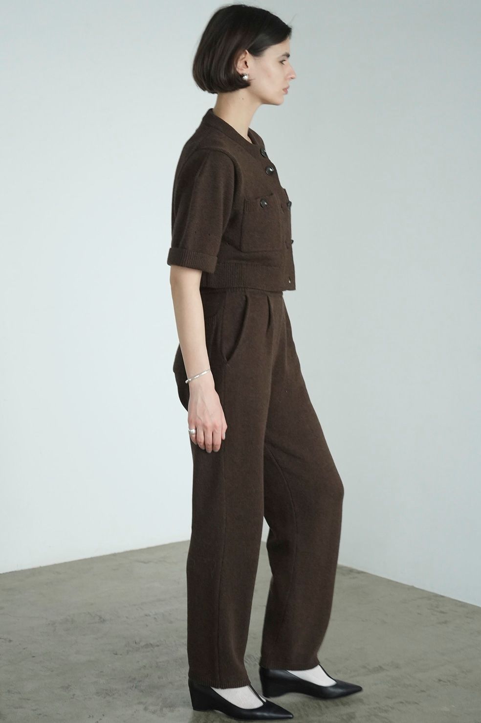 カーディガン - ニットパンツセット / HALF SLEEVE KNIT TOPS & PANTS SET - BROWN