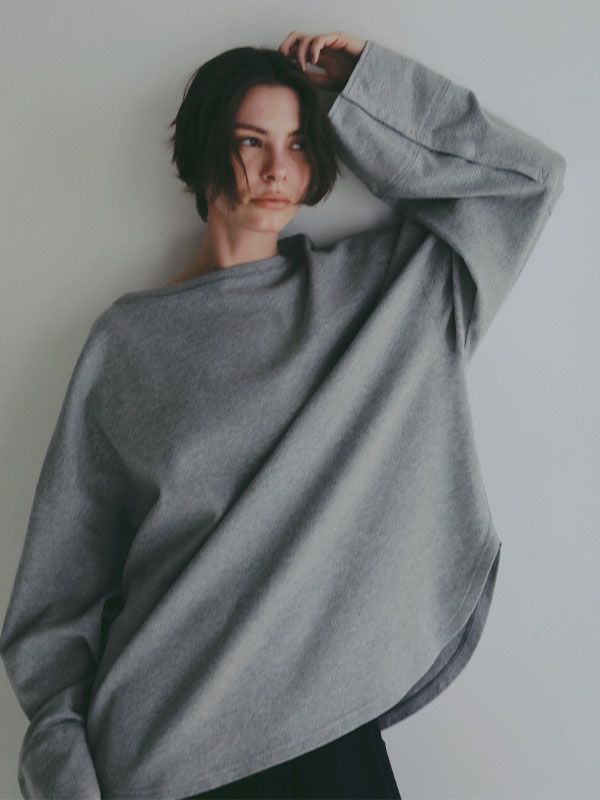ボートネックカフスロンTee  (GREY）