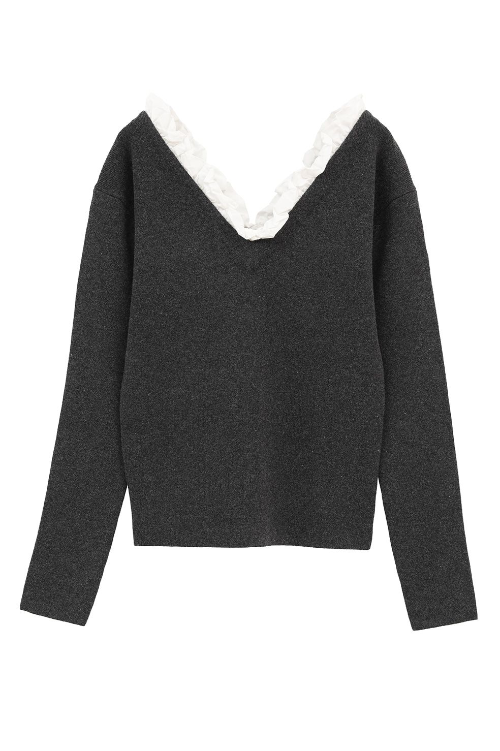 ツーウェイ フリルニットトップス - 2WAY FRILL V NECK KNIT TOPS (GREY)