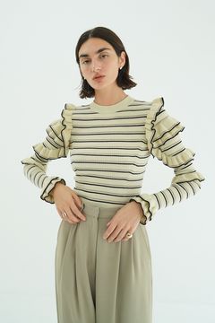 フリルスリーブニットトップス - FRILL SLEEVE KNIT TOPS (BORDER)