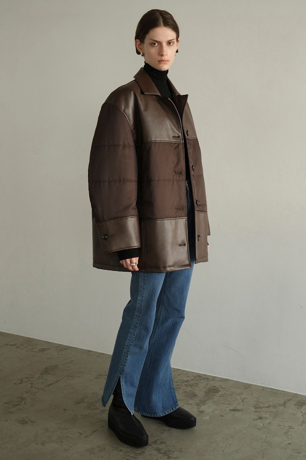 ヴィーガンレザー オーバーサイズ ジャケット - LEATHER SWITCHING OVER JACKET - BROWN
