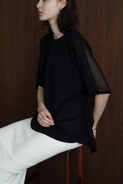 シアー スクエア ニット トップス - SHEER SQUARE KNIT TOPS - BLACK