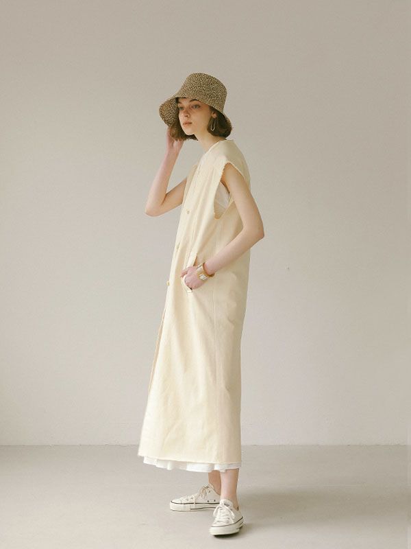 カットオフコットンジレワンピース - OFF WHITE