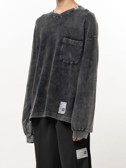ブリーチド ワッフル ロング スリーブ Tシャツ - Bleached Waffle Long Sleeve T-Shirt (BLACK)