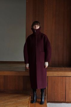 エリリブニットシングルコート - RIB COLLAR WOOL LONG COAT - BORDEAUX