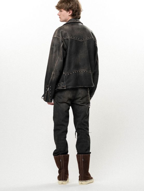 ディストレスド レザー スタッズド バイカー ジャケット - Distressed Leather Studded Biker Jacket (BLACK)