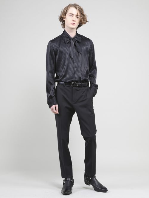 ストライプジャガードストレッチリボンシャツ - Stripe Ribbon Shirt - BLACK