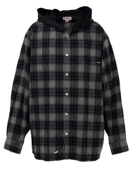 ディストレスト チェックシャツ フーディー - Distressed Check Shirts Hoodie BLACK