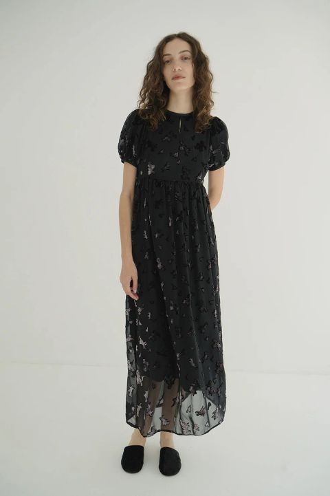 オパールプリント ワンピース -   FLOWER OPAL PUFF ONEPIECE BLACK