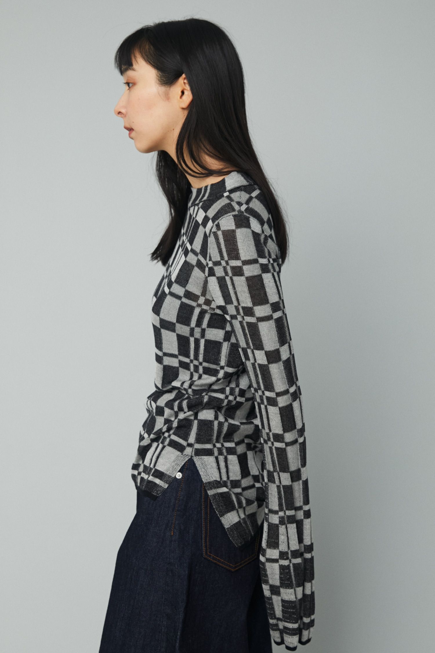 チェック ニット トップス - Check knit tops - BLACK