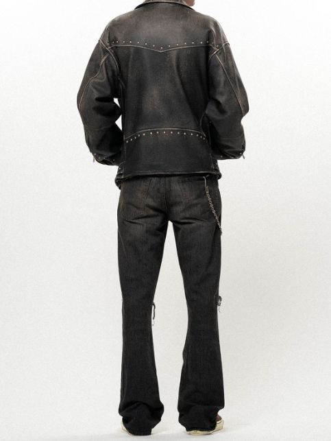 ディストレスド スリム ブーツカット デニム パンツ - Distressed Slim Bootcut Denim Pants (BLACK)