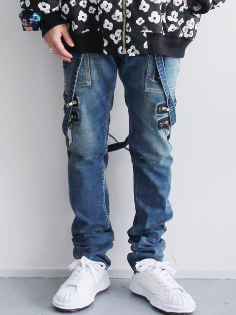 スキニージップ ストラップデニムパンツ  - SKINNY ZIP & STRAPS DENIM PANTS - DISTRESSED DENIM