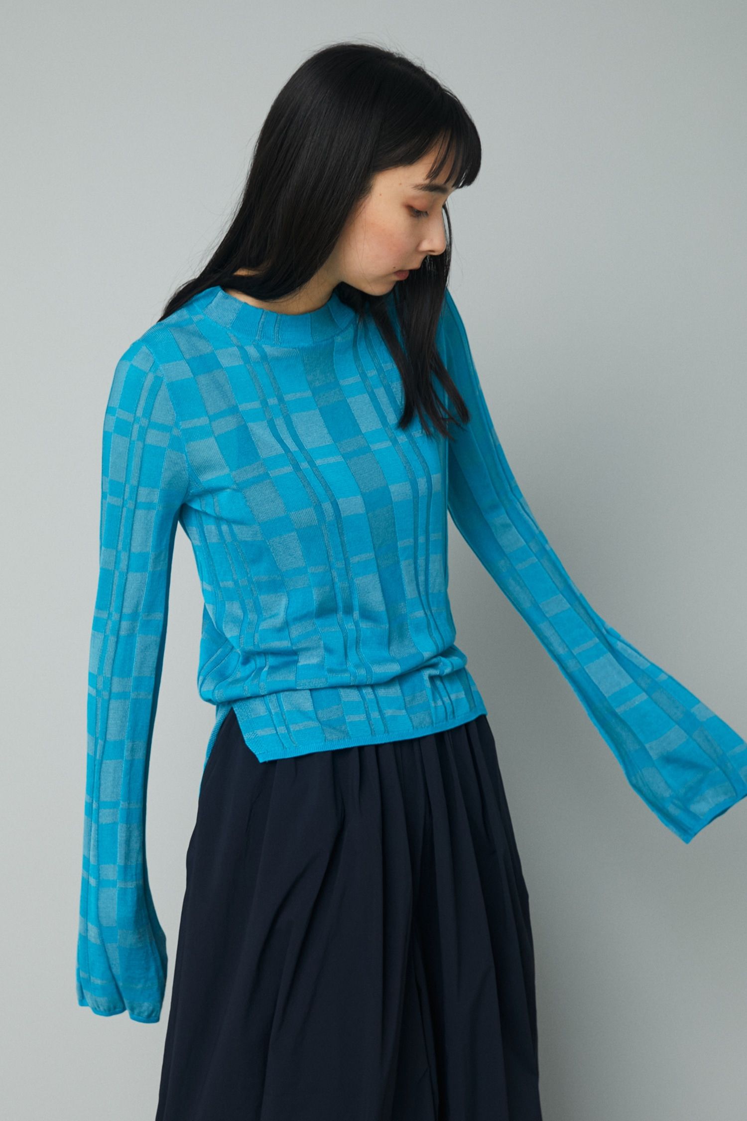 チェック ニット トップス - Check knit tops - BLUE