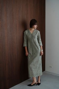 カーテンレース カフ ワンピース - CURTAIN LACE FLARE CUFF ONE PIECE - MOSS GREEN