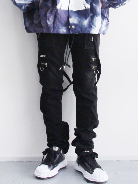 スキニージップ ストラップデニムパンツ  - SKINNY ZIP & STRAPS DENIM PANTS - DISTRESSED DENIM BLACK