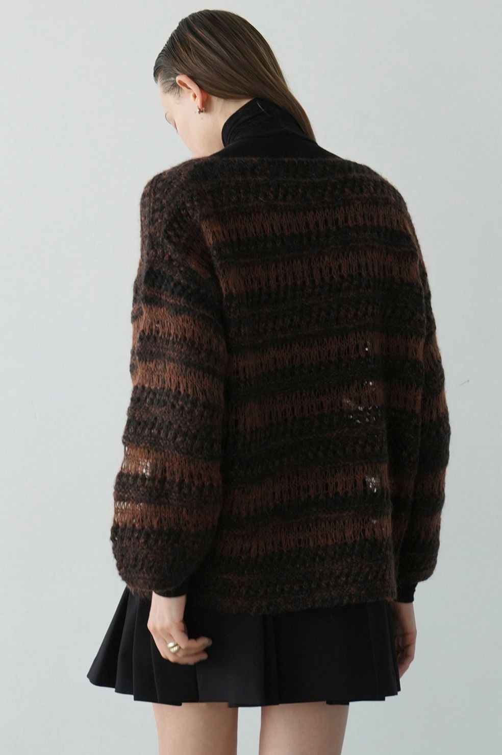 ボーダーニットトップス- SHEER BORDER MOHAIR KNIT - BROWN