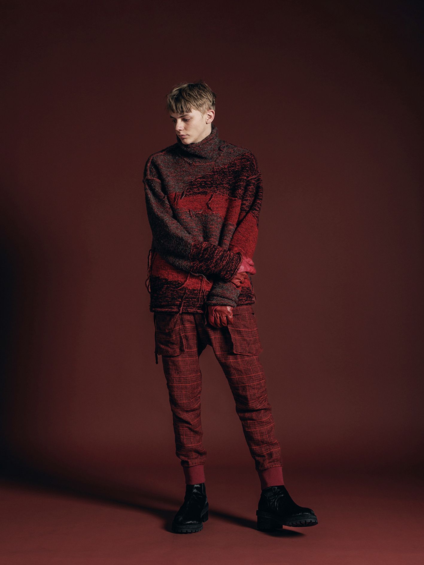 リバーシブル プルオーバー - reversible grunge sweater - VI-3652-07 - B-RED