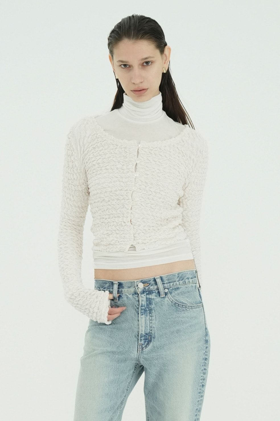 ダブルフェイス シャーリング カーディガン  - W FACE SOFT SHIRRING CARDIGAN (WHITE)
