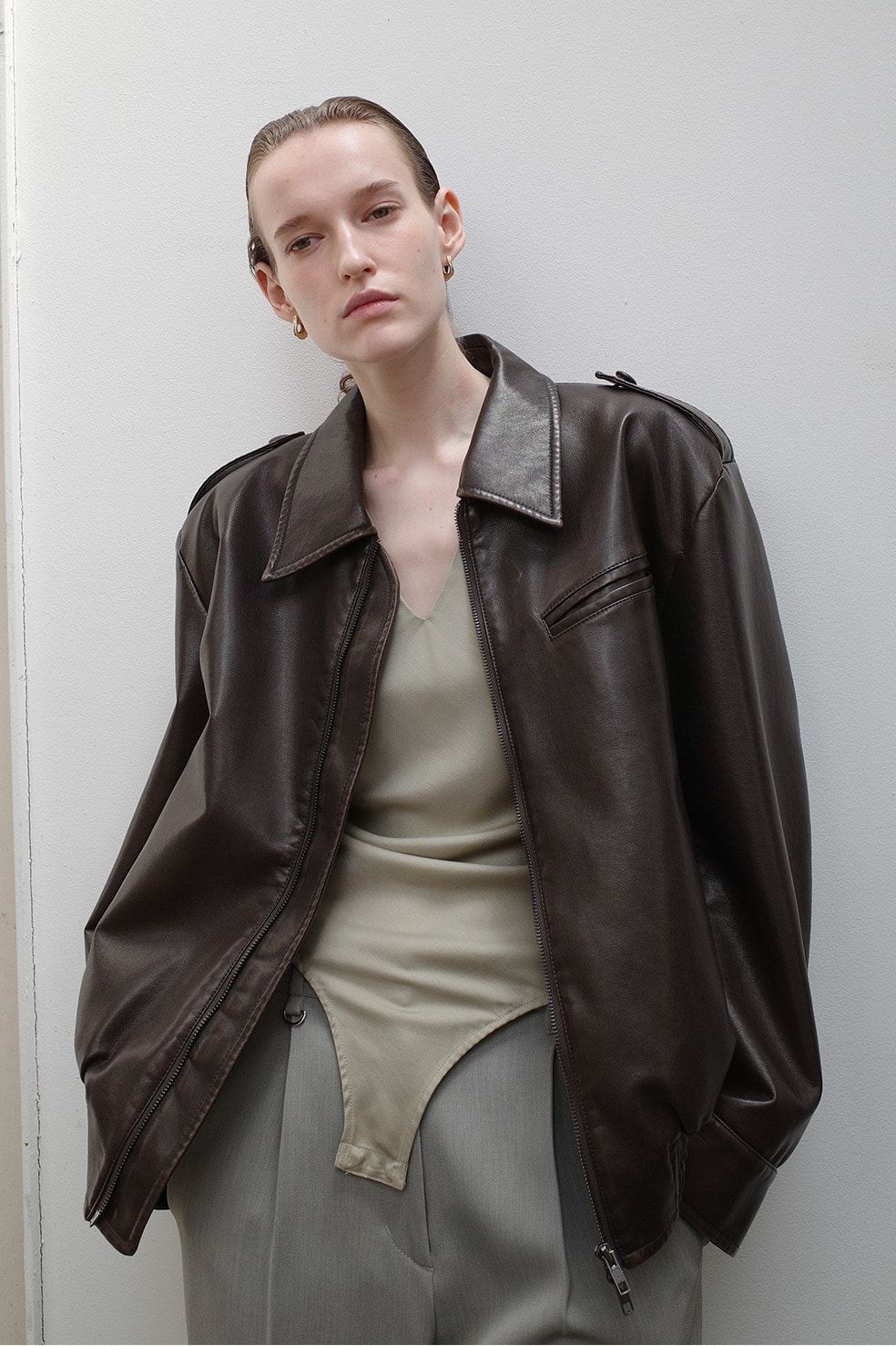 バルキーラインシングルレザージャケット - BULKY LINE SINGLE LEATHER JACKET (BROWN)
