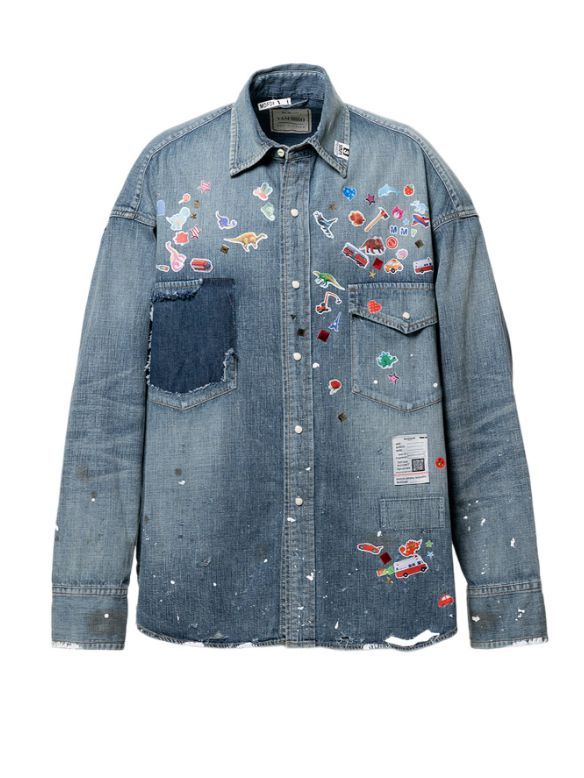 キッズ ステッカー プリント デニム シャツ | Kids Sticker Printed Denim Shirt - INDIGO