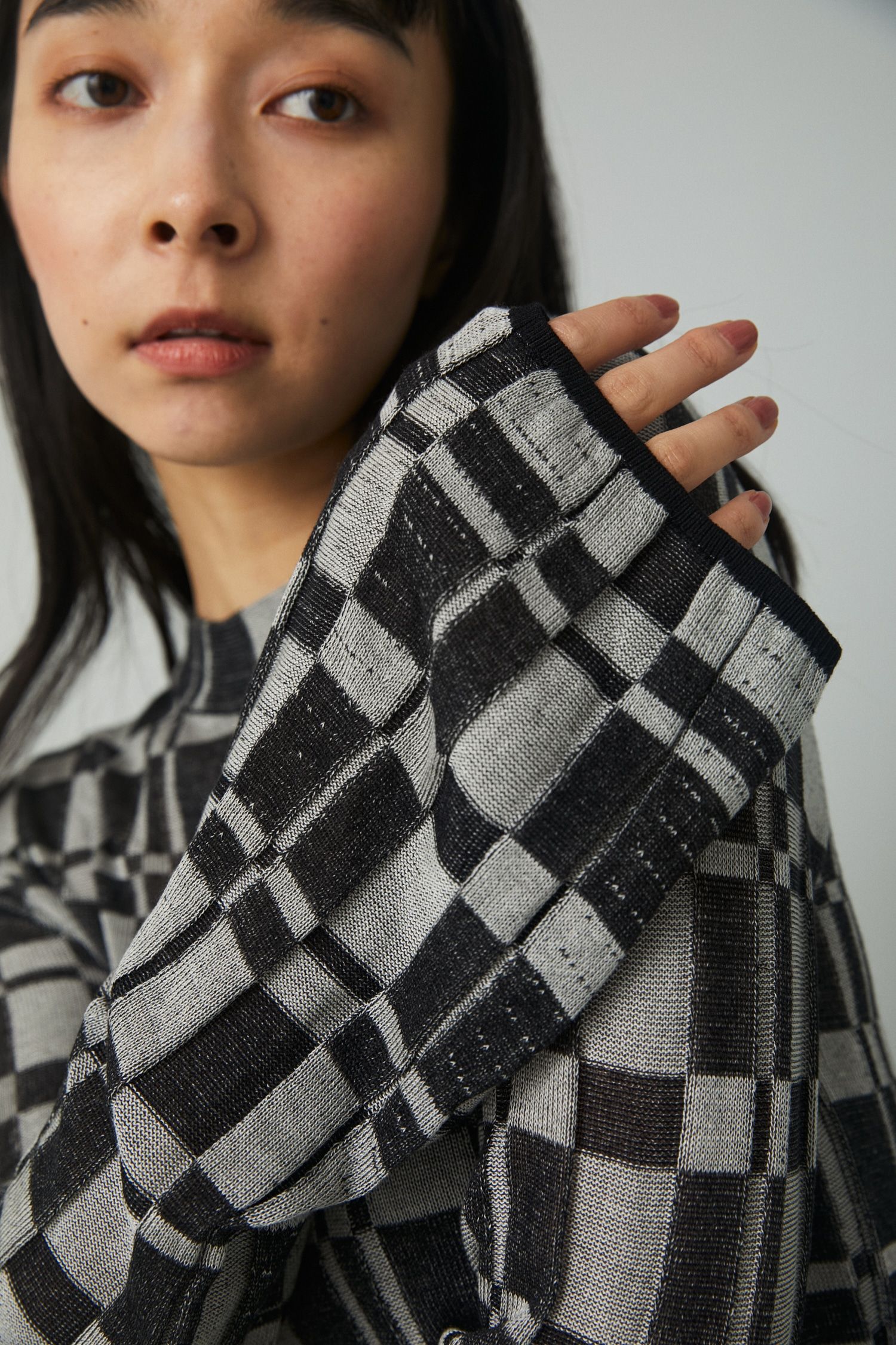 チェック ニット トップス - Check knit tops - BLACK