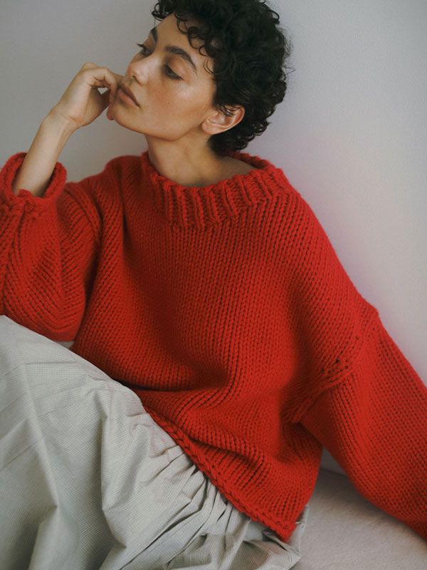 バルキーヤーンハンドニットプルオーバー - RED