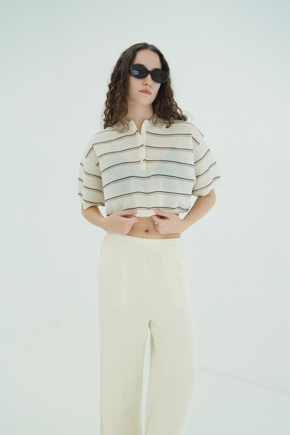 ボーダーポロトップス - SPONGY SHEER POLO KNIT TOPS (IVORY)