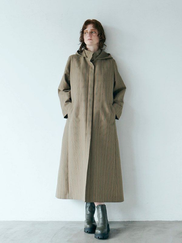チェックフーデイーロングコート - KHAKI