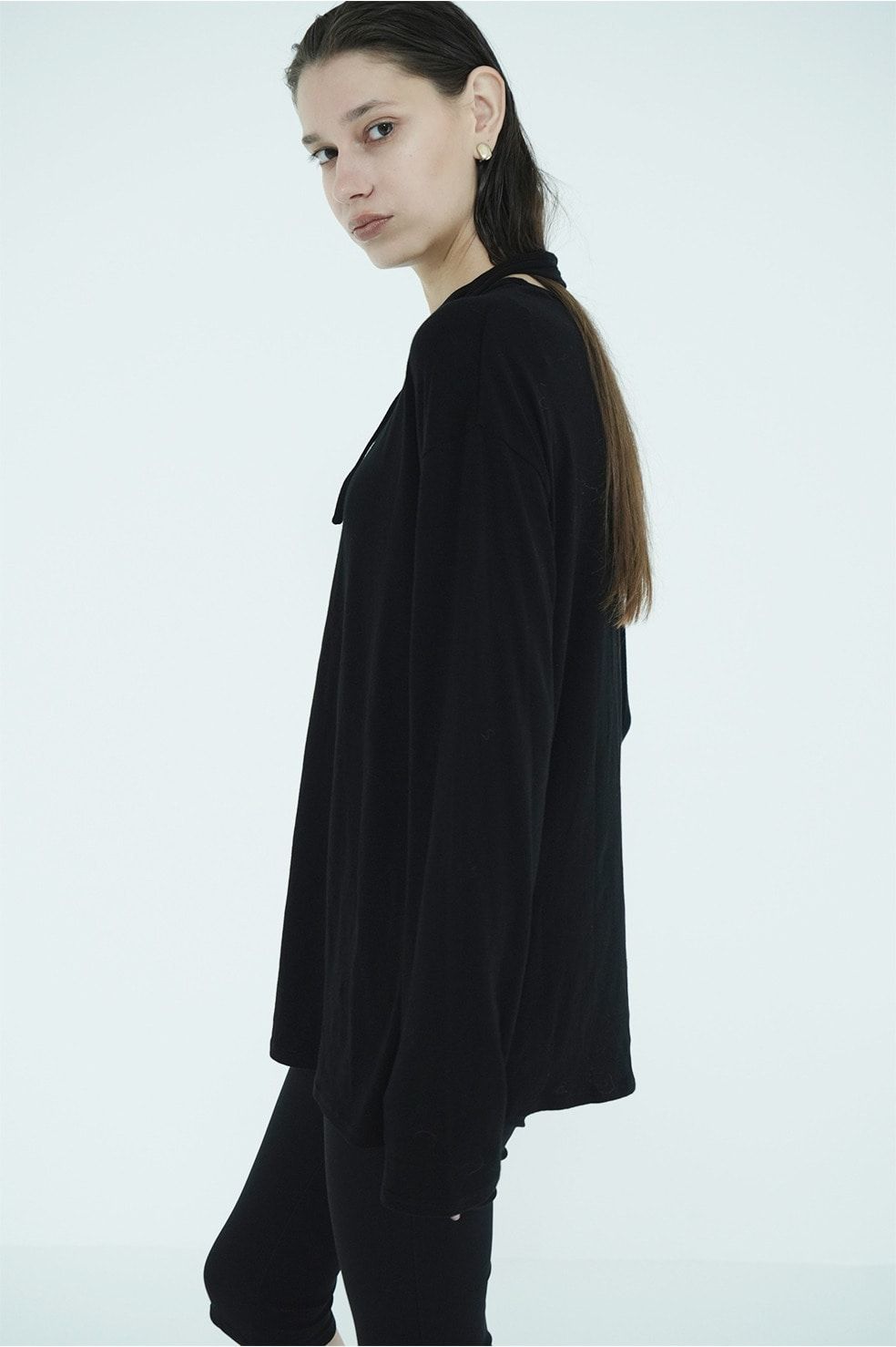 デザインリボンカットトップス - DRAWSTRING LOOSE CUT TOPS (BLACK)