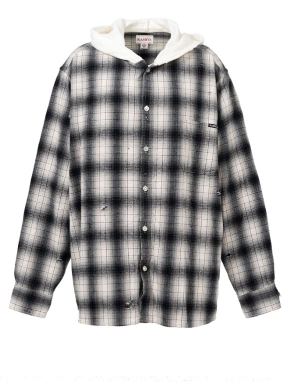 ディストレスト チェックシャツ フーディー - Distressed Check Shirts Hoodie (GREY)