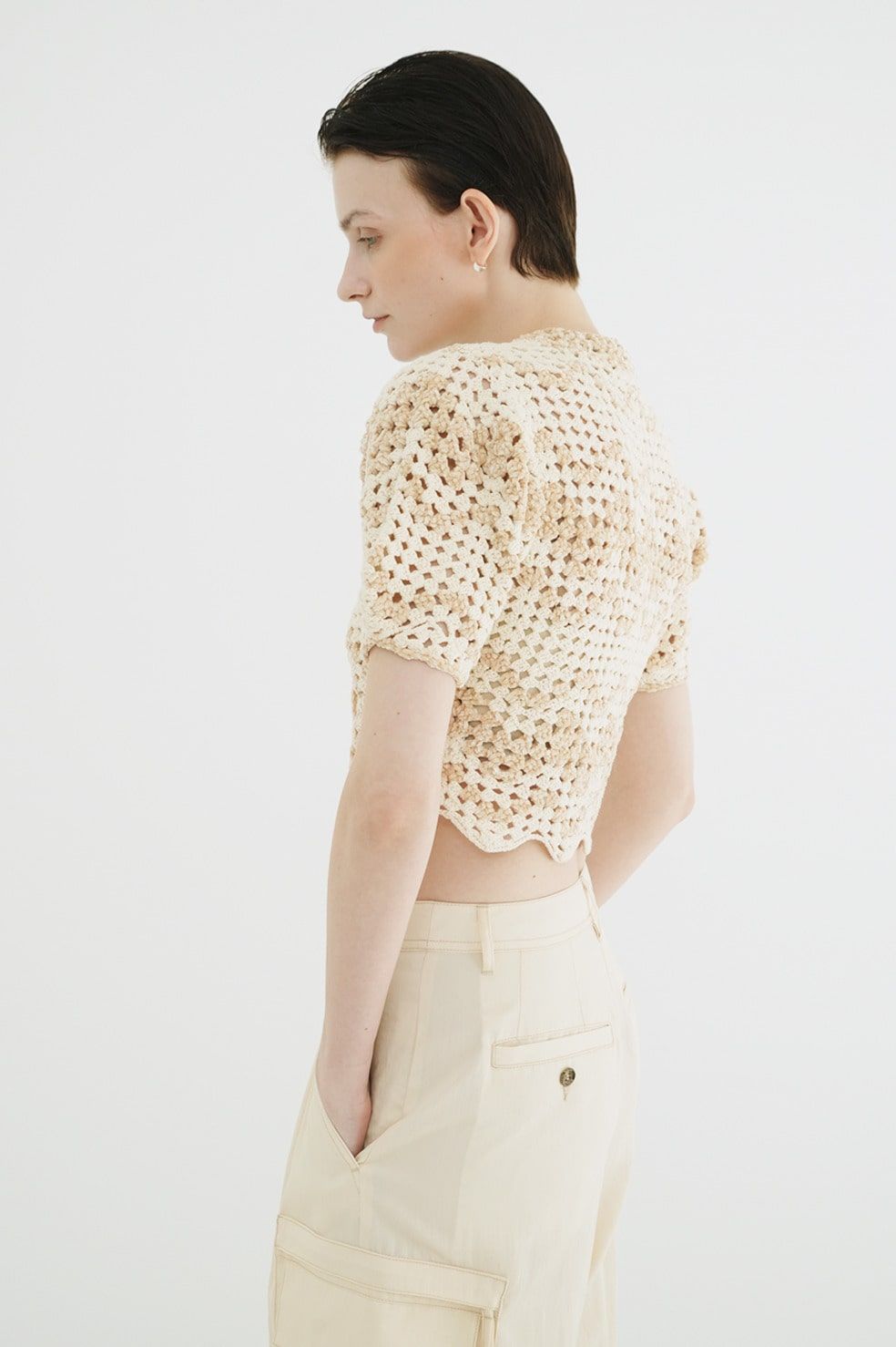 半袖ニットカーディガン - MALL BORDER HAND CROCHET KNIT CARDIGAN (BEIGE)