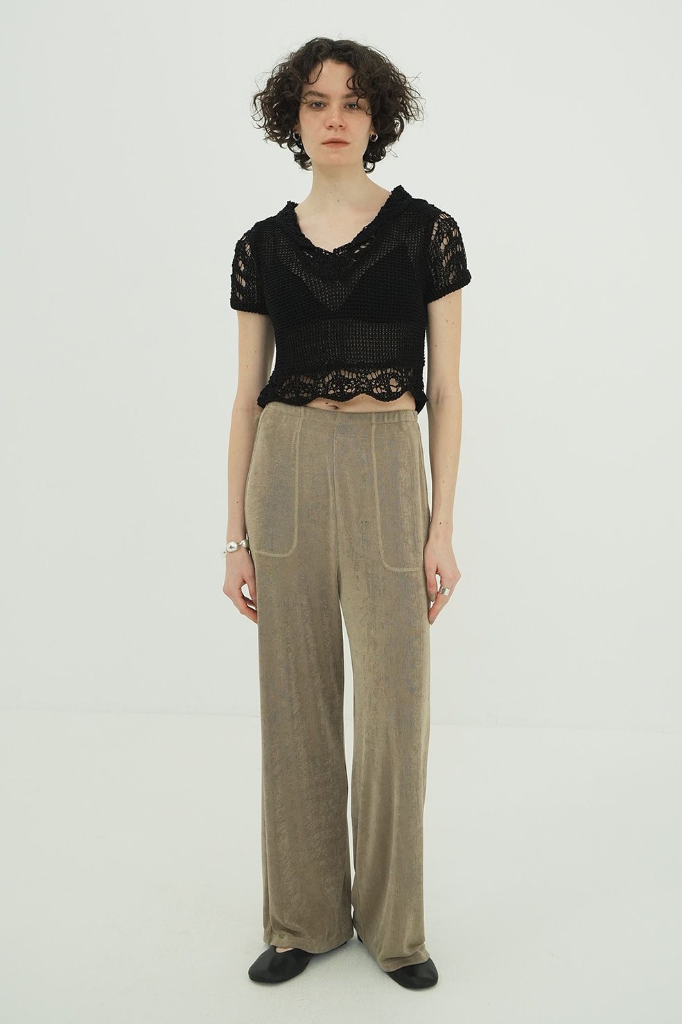クロップドニットトップス - CROPPED CROCHET KNIT TOPS - BLACK
