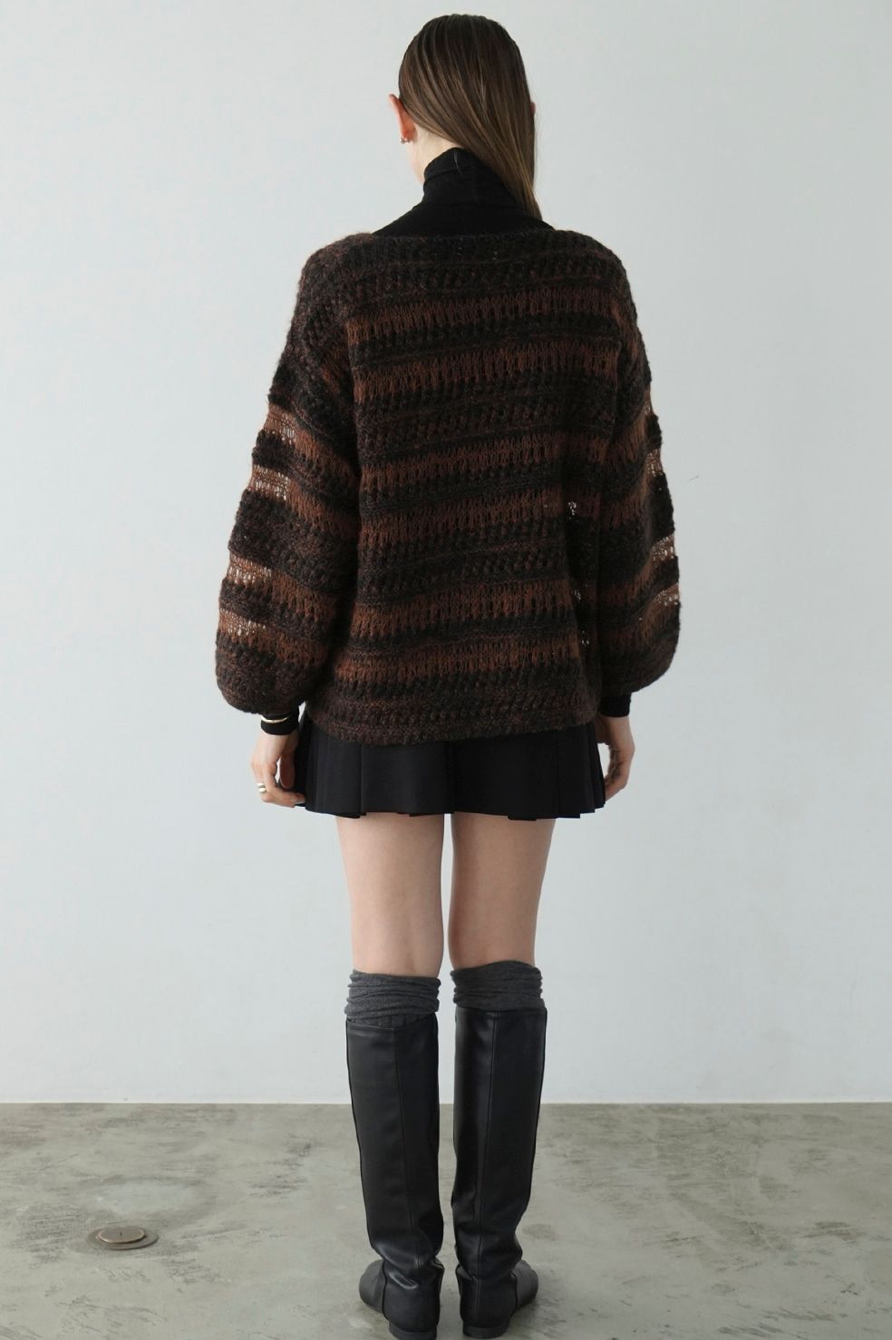 ボーダーニットトップス- SHEER BORDER MOHAIR KNIT - BROWN