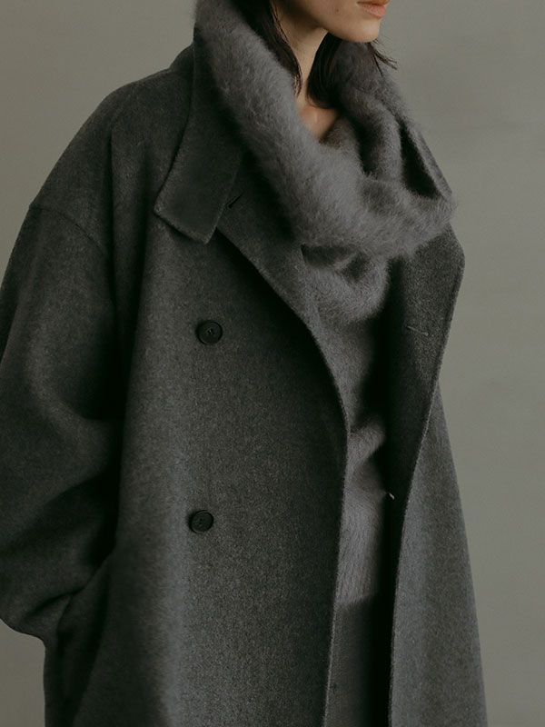 スタンドカラーリバーロングコート - GREY