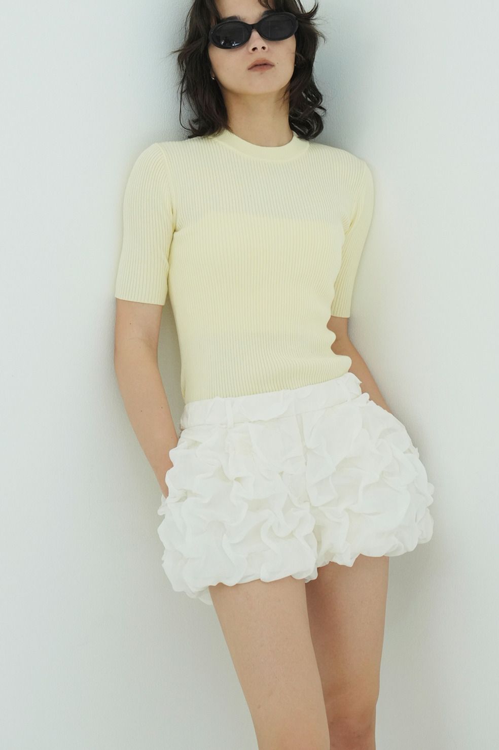 ハイネック 半袖リブニットトップス - H/N HALF SLEEVE RIB KNIT TOPS (YELLOW）