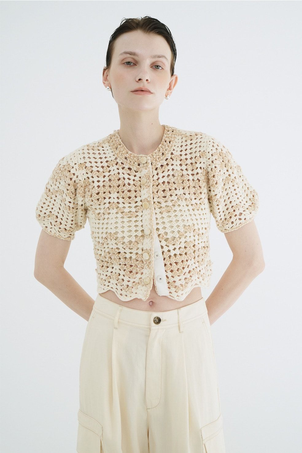 半袖ニットカーディガン - MALL BORDER HAND CROCHET KNIT CARDIGAN (BEIGE)
