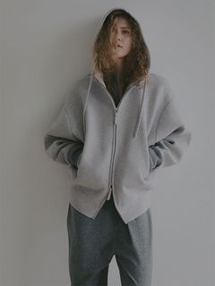 ダブルフェイスオーバーサイズニットパーカー (LIGHT GREY)