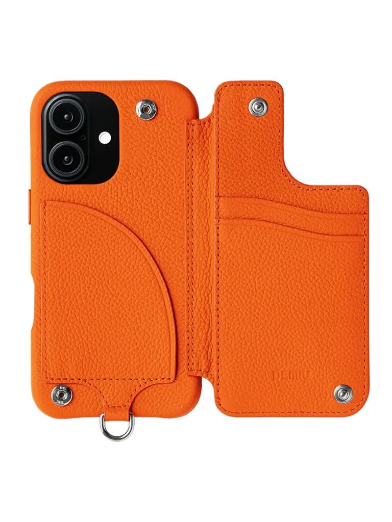 【BALLON CINQ】 手帳型 レザーケース iPhone 14～17シリーズ対応 (オレンジ）