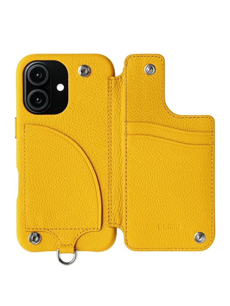 【BALLON CINQ】 手帳型 レザーケース iPhone 14～17シリーズ対応 (サフランイエロー）