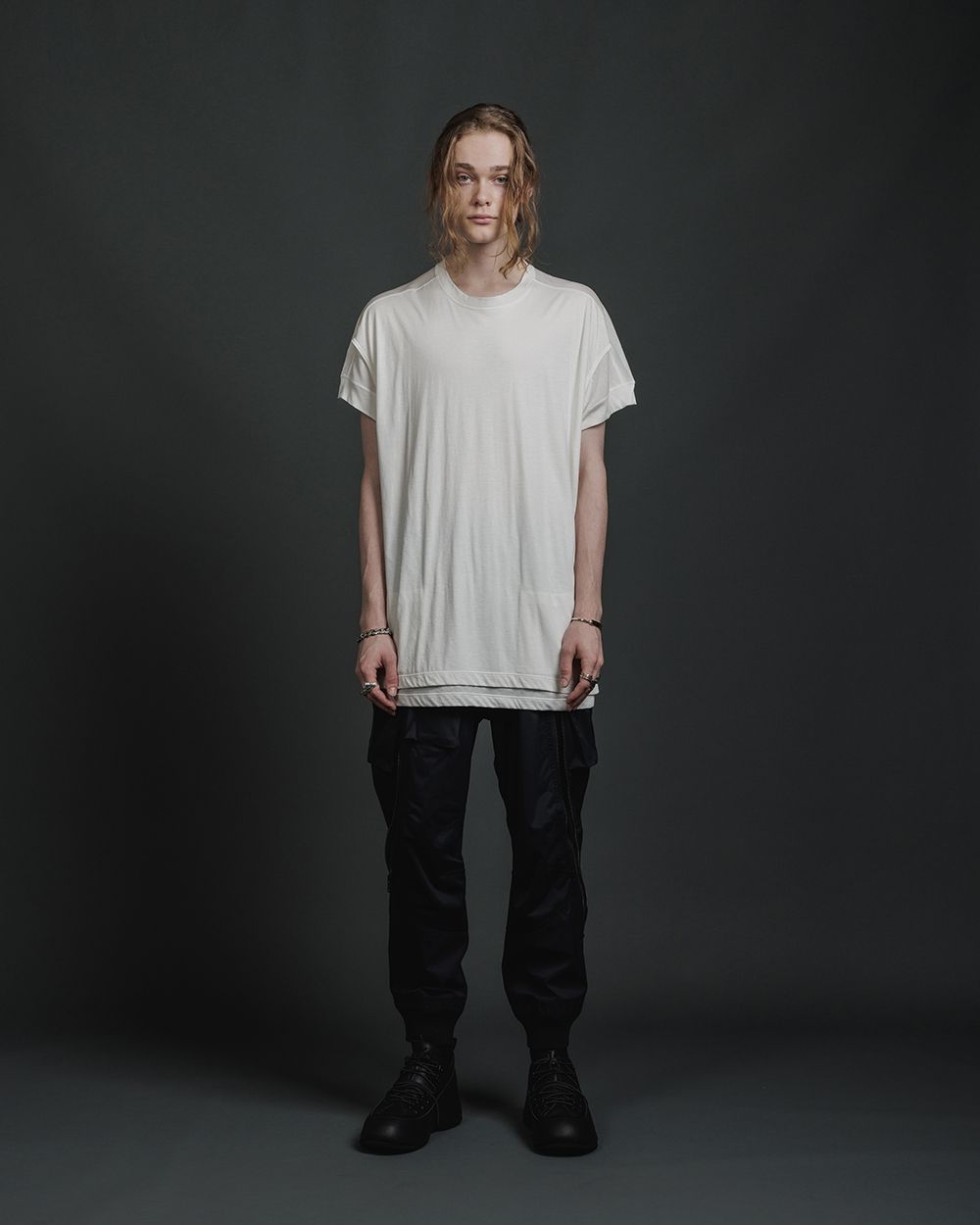 綿シルク 天竺 ショート スリーブ レイヤード ティーシャツ - double layerd short-sleeve t - OFF WHITE