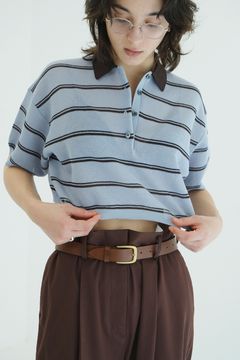 ボーダーポロトップス - SPONGY SHEER POLO KNIT TOPS (BLUE)