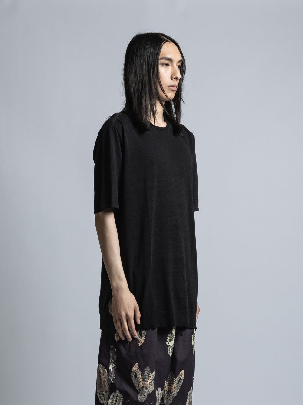 シルク / リネン / コットン ハイゲー ジ半袖プルオーバーニット-BLACK/ CHARCOAL