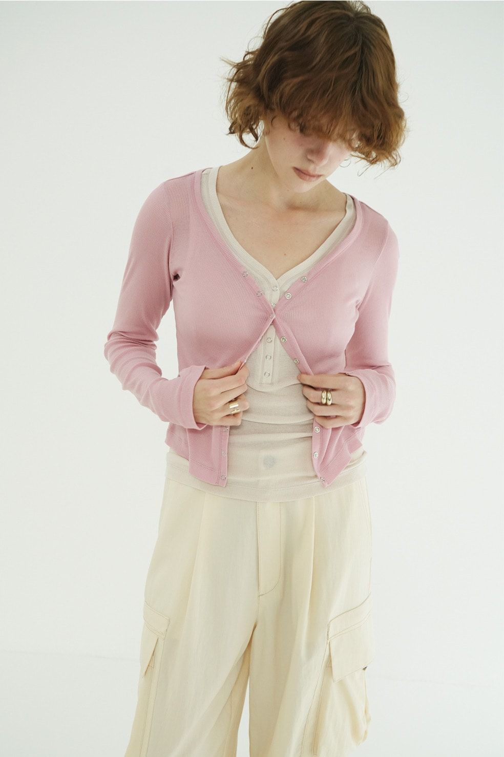 タンクトップ+カーディガン - CURVED NECK LAYERED SET TOPS （PINK）