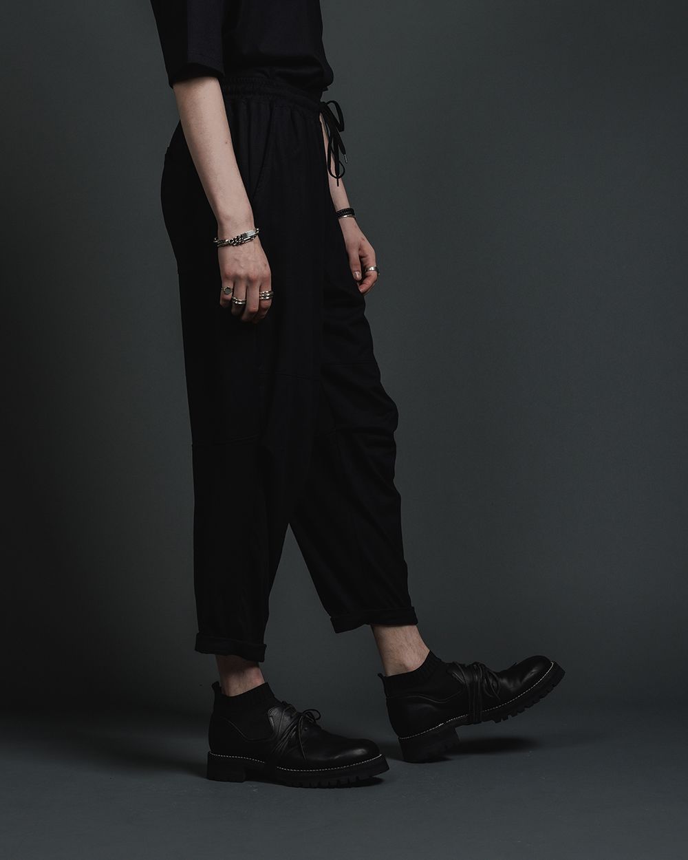 天竺 イージー パンツ - jersey drawstrings pants - BLACK