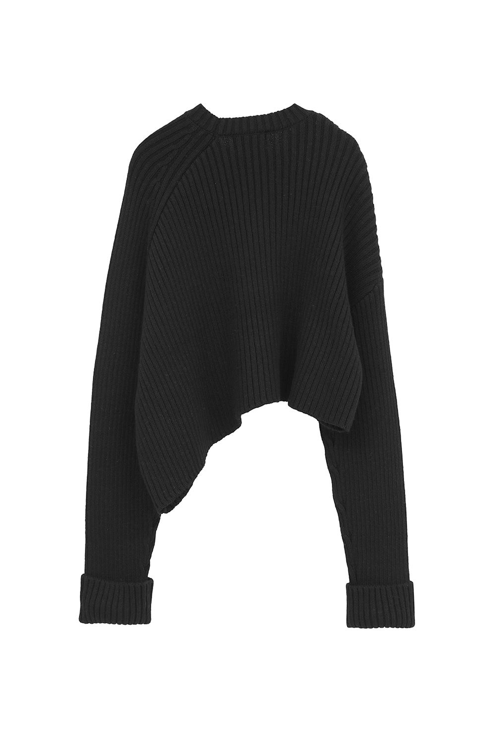 アシンメトリーショートニットトップス -  ASYMMETRY WIDE SHORT KNIT TOPS (BLACK)