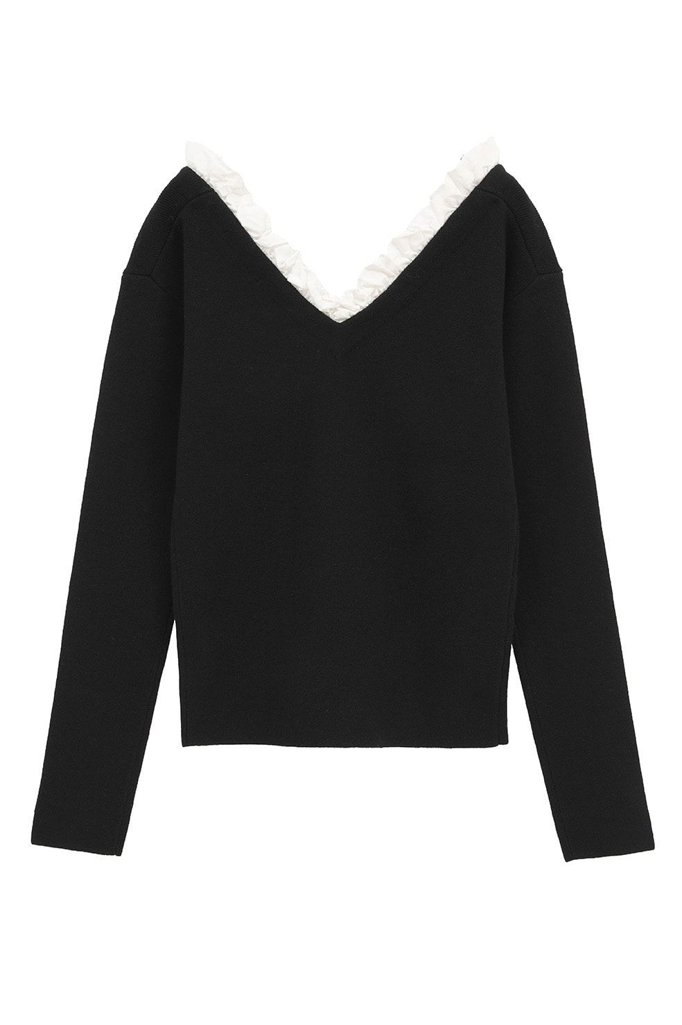 ツーウェイ フリルニットトップス - 2WAY FRILL V NECK KNIT TOPS (BLACK)