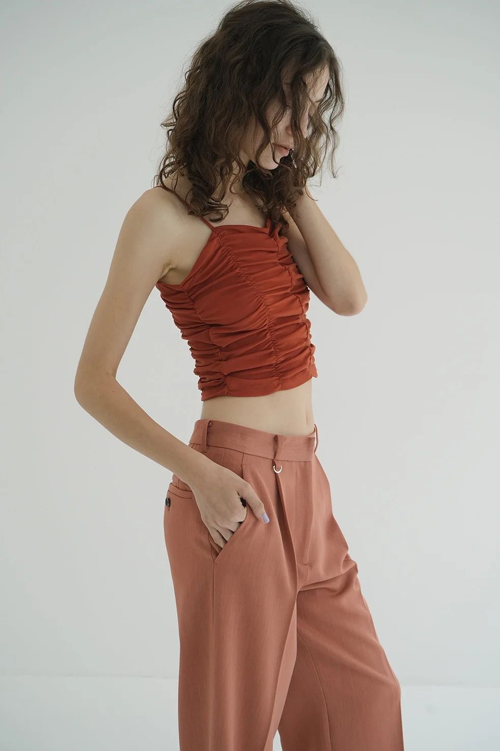 CLANE - SHIRRING CAMI TOPS ORANGE - シャーリングキャミ
